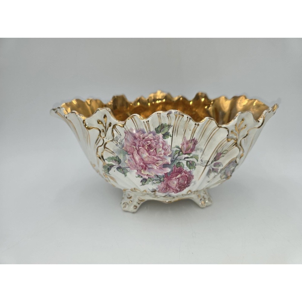 RARE Shenango China‎ Centerpiece Footed Bowl  Marked Gold Interior Pink Roses